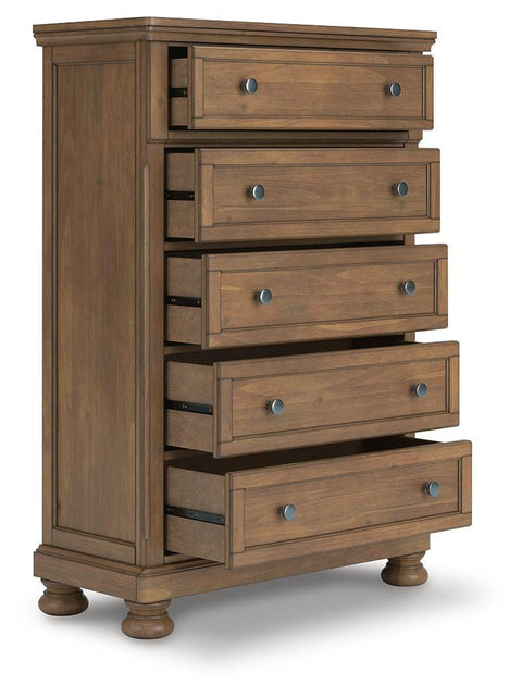 Feddinger Storage Sleigh Bed with Mirrored Dresser, Chest and 2 Nightstands