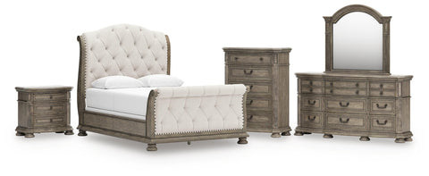 Ardenfield Upholstered Sleigh Bed, Dresser, Mirror, Chest and Nightstand