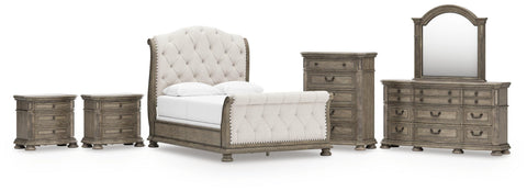 Ardenfield Upholstered Sleigh Bed, Dresser, Mirror, Chest and 2 Nightstands