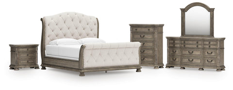 Ardenfield Upholstered Sleigh Bed, Dresser, Mirror, Chest and Nightstand