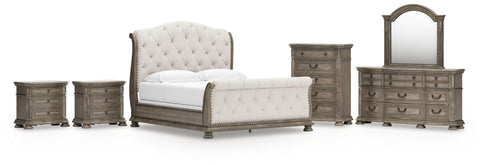 Ardenfield Upholstered Sleigh Bed, Dresser, Mirror, Chest and 2 Nightstands