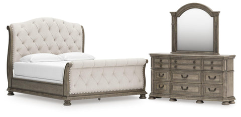Ardenfield Upholstered Sleigh Bed, Dresser and Mirror