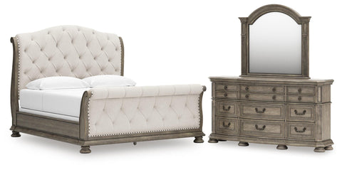 Ardenfield Upholstered Sleigh Bed, Dresser and Mirror