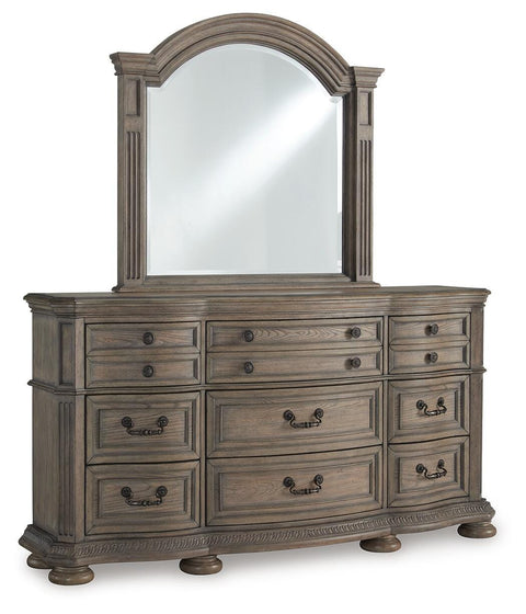 Ardenfield Upholstered Sleigh Bed, Dresser, Mirror, Chest and 2 Nightstands