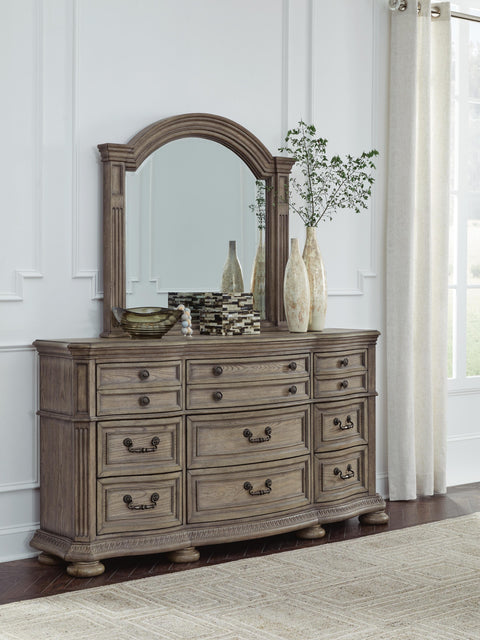 Ardenfield Upholstered Sleigh Bed, Dresser and Mirror