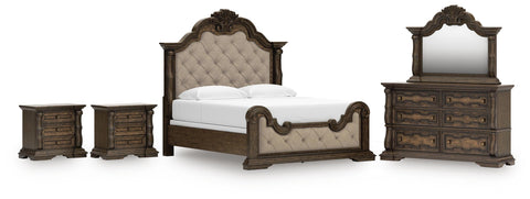 Maylee Upholstered Bed, Dresser, Mirror and 2 Nightstands
