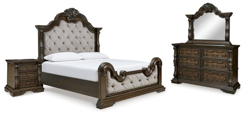 Maylee Upholstered Panel Bed, Dresser, Mirror and Nightstand
