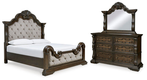 Maylee Upholstered Bed with Mirrored Dresser