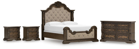 Maylee Upholstered Panel Bed, Dresser and 2 Nightstands