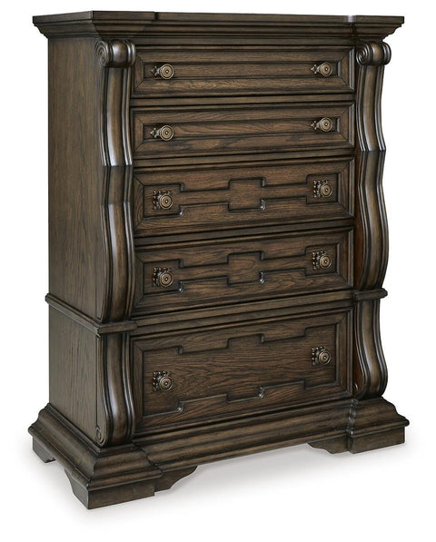 Maylee Upholstered Bed, Dresser, Mirror, Chest and Nightstand