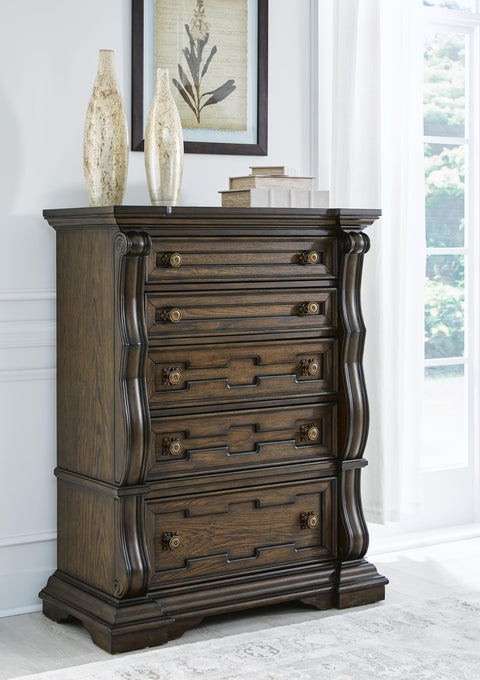 Maylee Upholstered Bed, Dresser, Mirror, Chest and Nightstand
