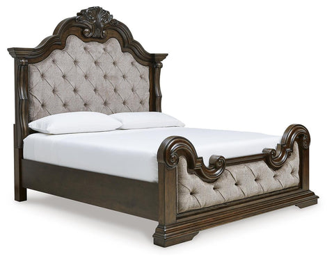 Maylee Upholstered Bed, Dresser, Mirror and 2 Nightstands