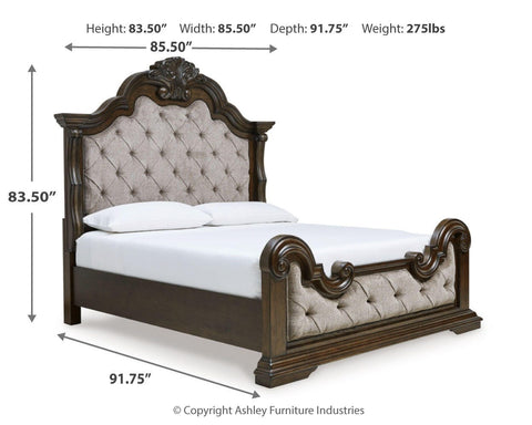 Maylee Upholstered Bed, Dresser, Mirror and Chest
