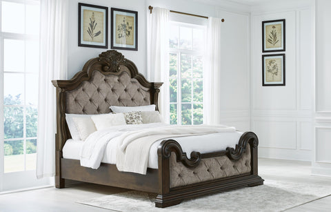 Maylee Upholstered Bed, Dresser, Mirror and Chest