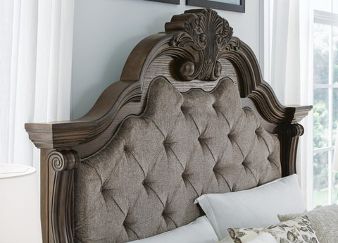 Maylee Upholstered Bed with Mirrored Dresser