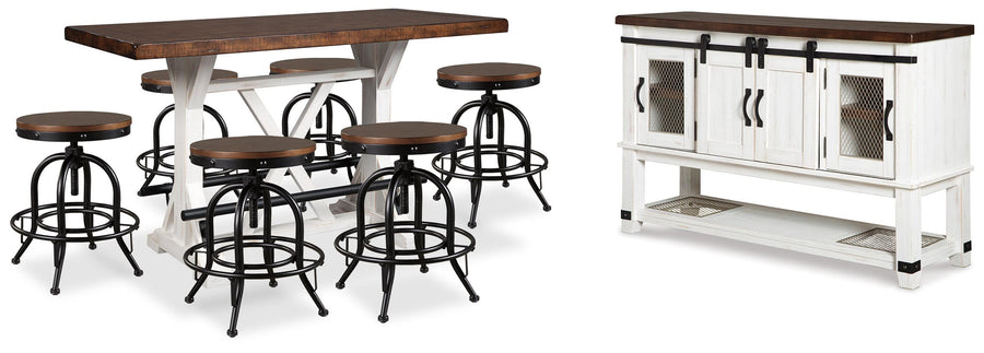 Valebeck Counter Height Dining Table, 6 Barstools and Server