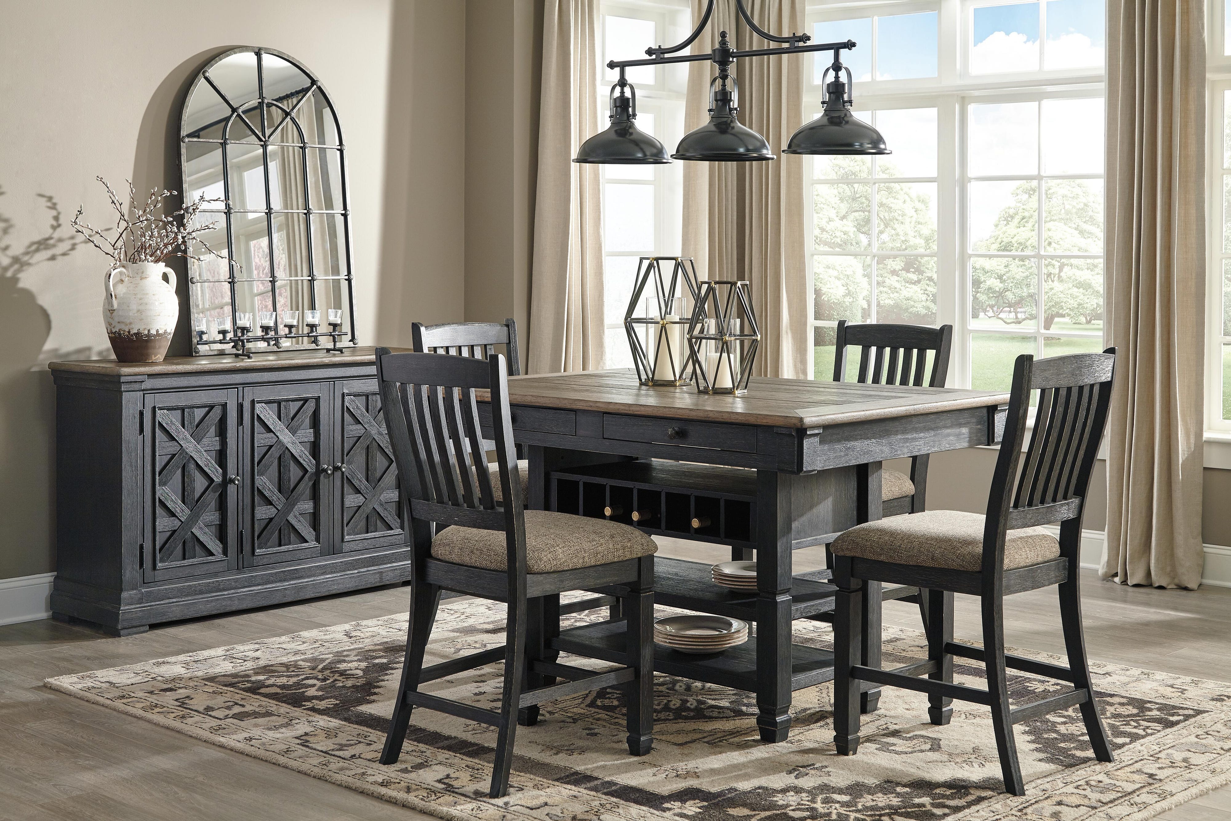 Pinehurst Counter Height Table with 4 Barstools, Server and Display Cabinet
